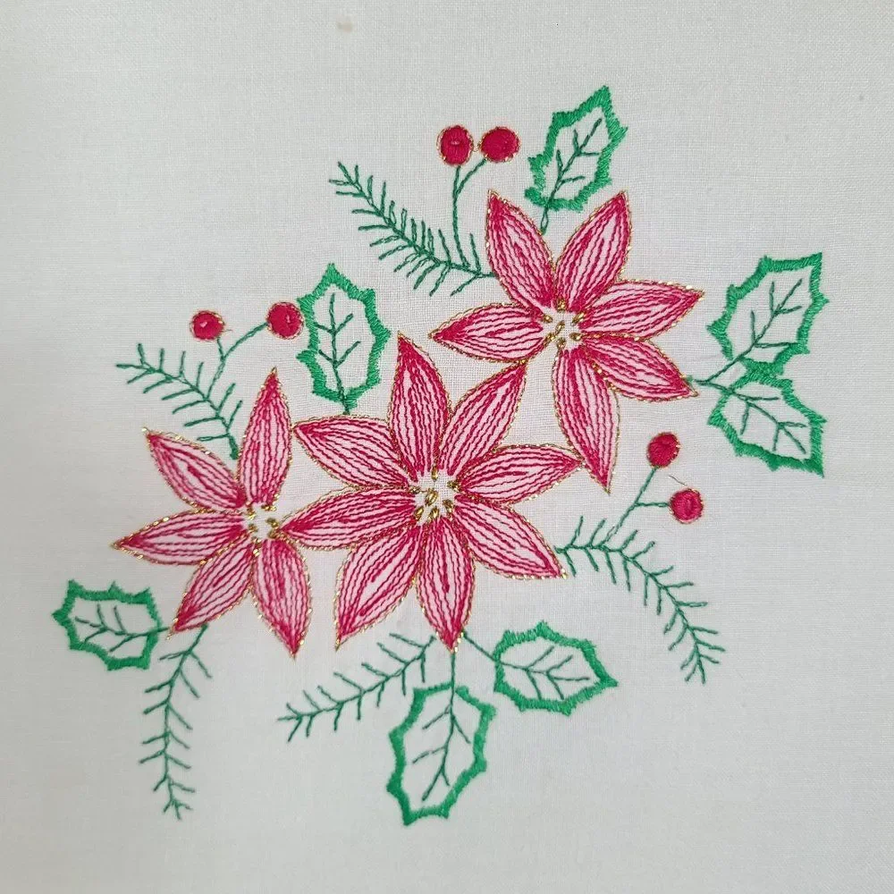 Christmas Poinsettia Embroidered Throw Pillow Gold Cord Scalloped Ruffle Vintage
